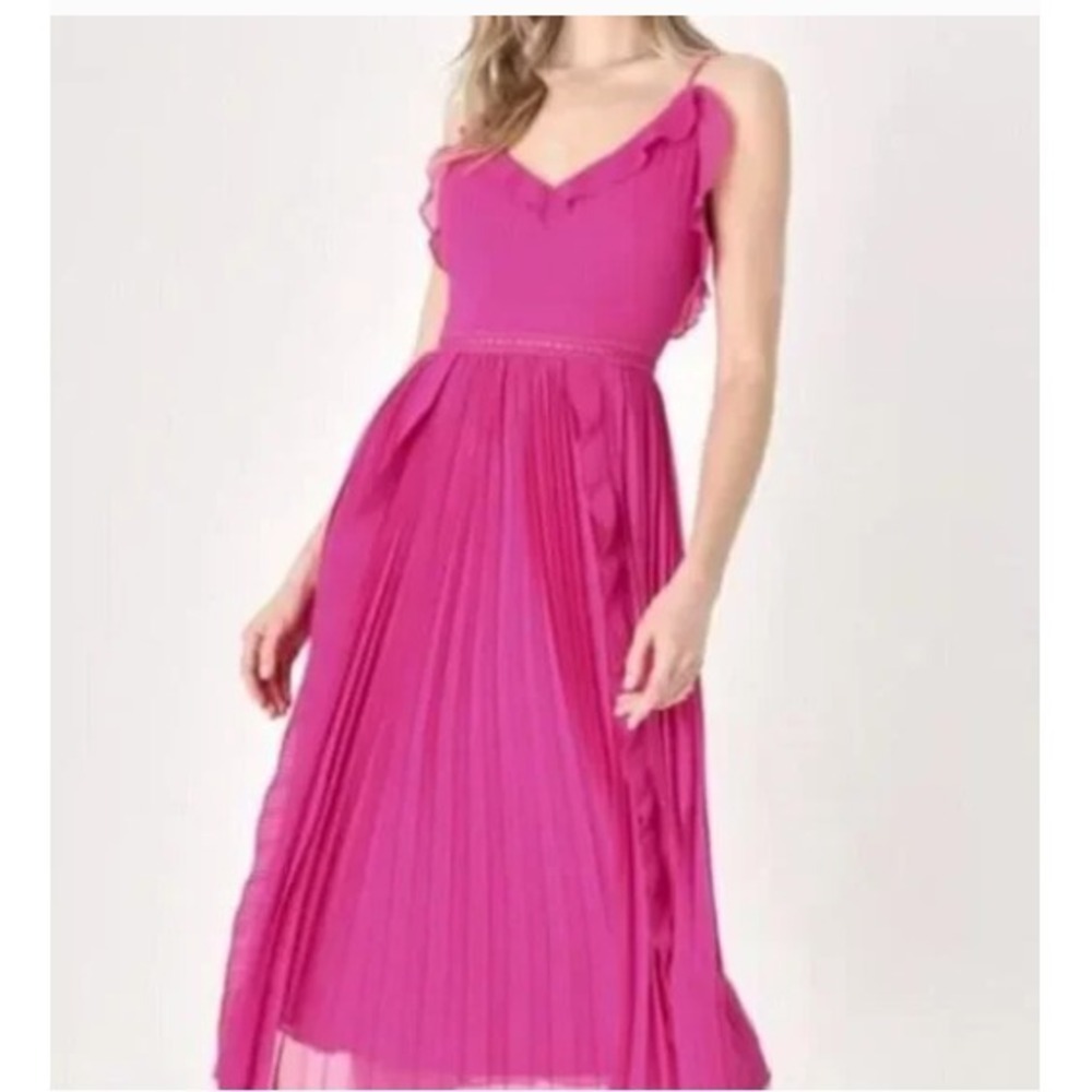 Lulus Never A Dull Moment Magenta Pink Tie-Strap Pleated Midi Dress L New